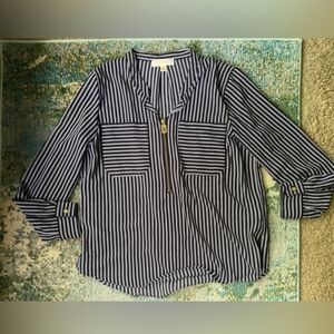 Michael Michael Kors black and white pinstriped quarter logo zip top, size XL